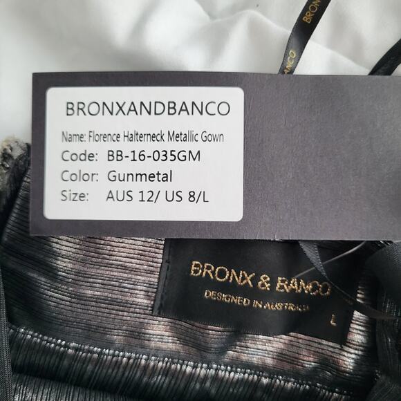 BRONX AND BANCO Metallic Dress Florence Halterneck Gown Cutout Gunmetal Gray 8 L - Picture 5 of 16